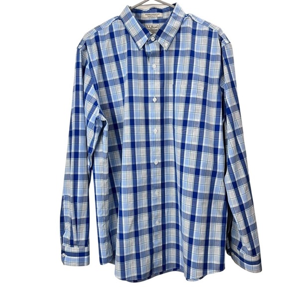 LL Bean Blue‎ Plaid Wrinkle Free Long Sleeve Button Down Shirt LARGE - Picture 1 of 7